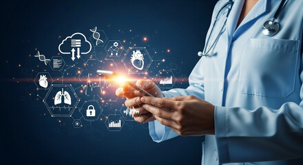 Doctor using smartphone with digital medical interface and health icons overlaying the screen