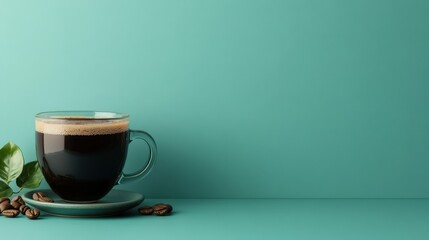 A clear glass cup of black coffee sits on a saucer with coffee beans and leaves, against a teal background.