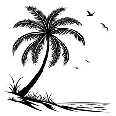tropical Palm Tree Beach Scene Black and White Vector Illustration