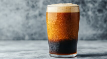 A cold glass of dark beer with a creamy foam head sits on a textured surface against a gray background.