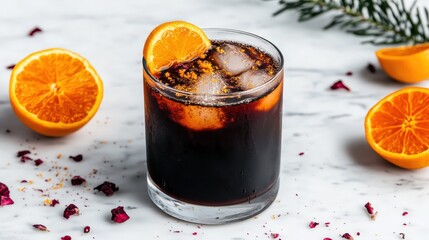 A glass of dark iced beverage garnished with an orange slice, surrounded by orange halves and herbs on a marble surface.
