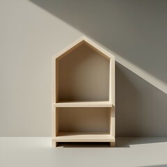 Fototapeta premium Beige, minimalist, wooden house-shaped shelf, empty and displaying natural light.