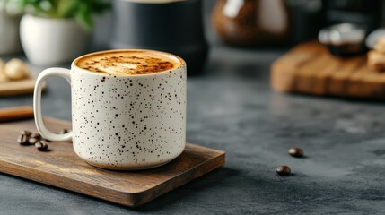 A ceramic mug of frothy coffee sits on a wooden board with coffee beans, creating a cozy and inviting cafe atmosphere.