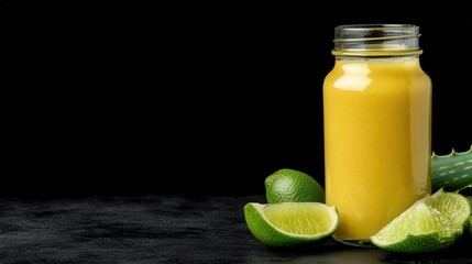 A jar of yellow juice with fresh lime wedges and an aloe leaf on a dark background.