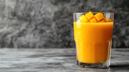 A glass of fresh mango smoothie topped with mango cubes sits on a gray stone surface against a dark background.