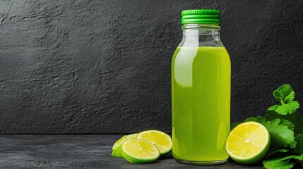 Refreshing lime juice in a bottle with fresh lime slices and mint leaves on a dark textured background.