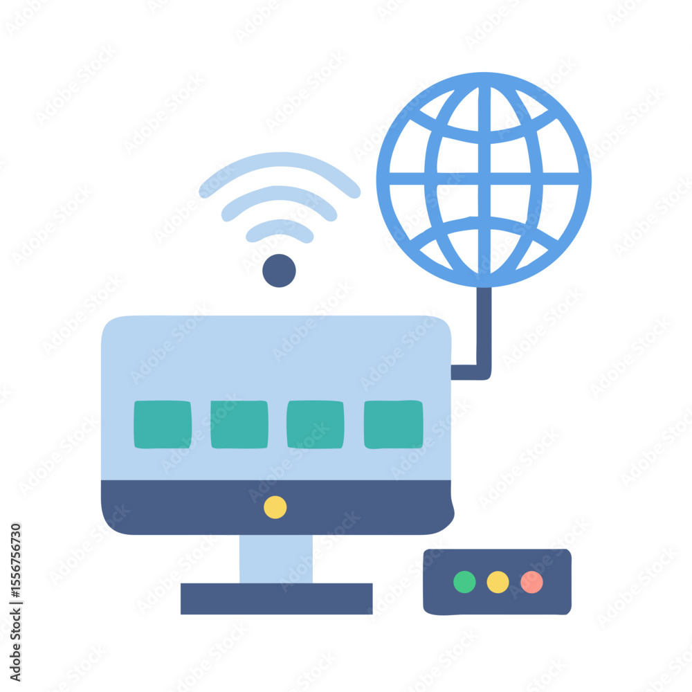 Poster stylized computer with internet globe and network router icon