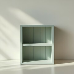 Fototapeta premium Empty light green bookshelf with two shelves, standing against a white wall with sunlight casting shadows.