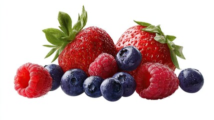 Ultra-realistic photo of mixed berries (including strawberries, blueberries, and blackberries) on a white background. Displays the natural color and texture of each fruit.