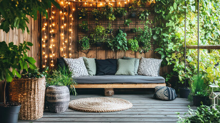 A stylish urban garden with fairy lights, cozy seating, and plants growing in vertical racks