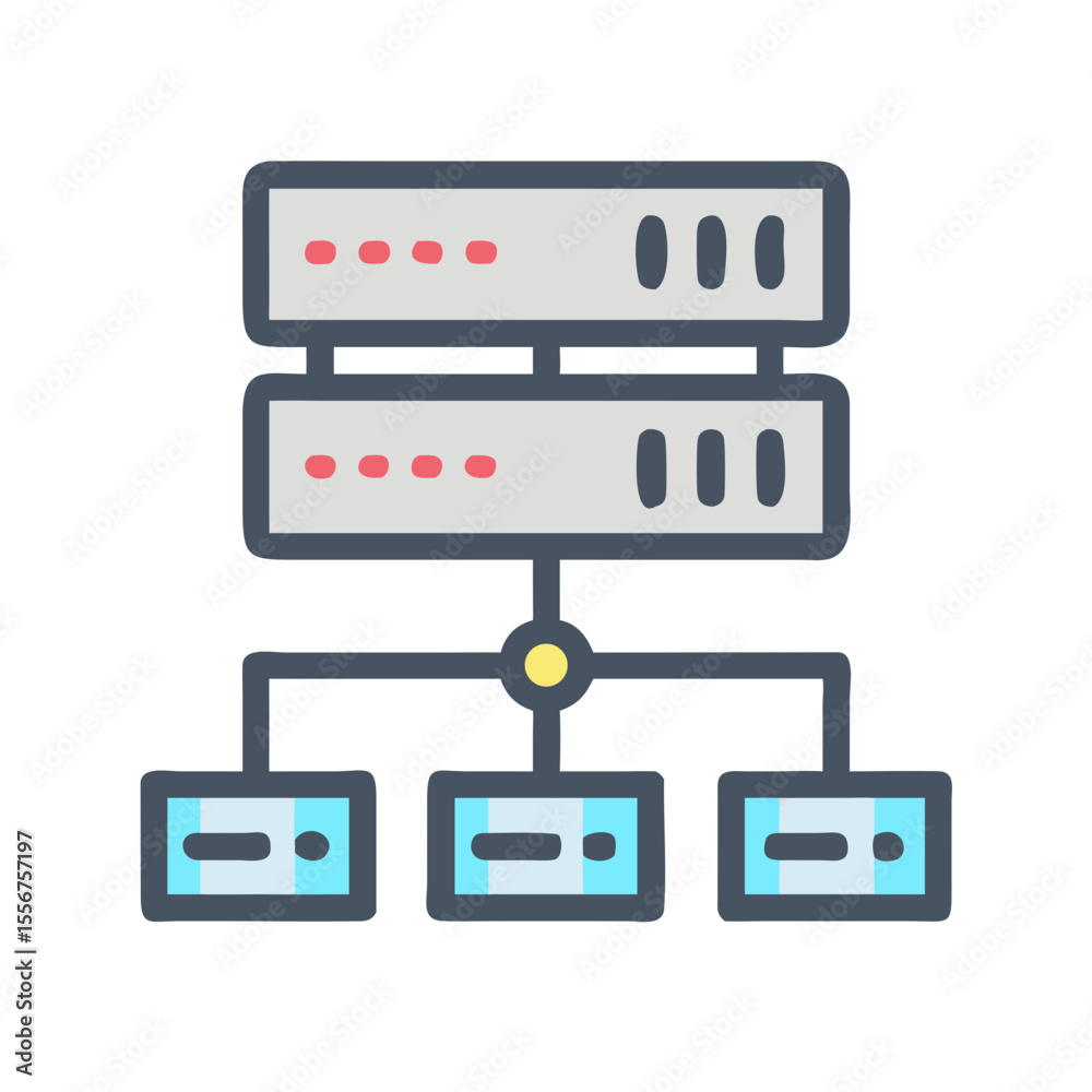 Poster stylized network server diagram showing data distribution system