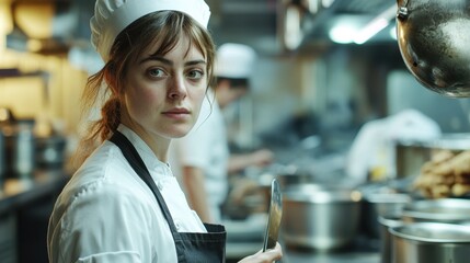 A young European woman in a chef uniform, focused in a bustling kitchen. She embodies dedication and passion for culinary arts, highlighting a professional atmosphere.