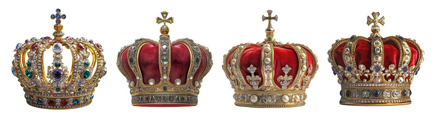 Elegant Collection of Vintage Royal Crowns with Colorful Jewels, PNG bundle collection, Isolated on Transparent Background