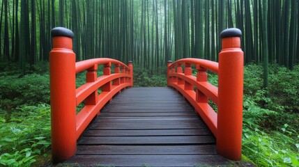 A vibrant red bridge crosses into a serene bamboo forest, surrounded by lush greenery and tall bamboo stalks.