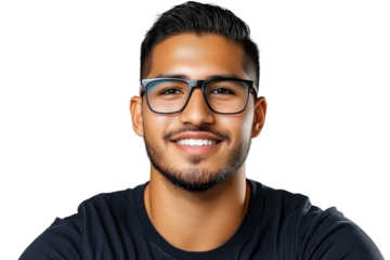 Smiling young man with glasses wearing a black t-shirt, showcasing a confident expression against a transparent background, perfect for lifestyle or youth themes.