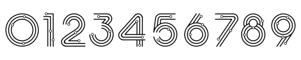 Number set font alphabet vector illustration. Set of modern numbers 0 to 9 with technology elements logo designs.