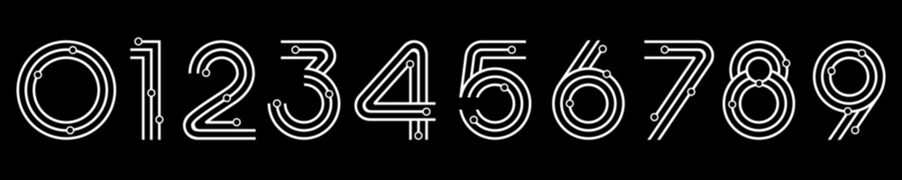Number set font alphabet vector illustration. Set of modern numbers 0 to 9 with technology elements logo designs.
