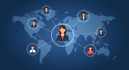 vector concept of online team collaboration. A leads a global team, connected to colleague profiles with a world map in the background. Set for work from anywhere theme, remote work, lifestyle
