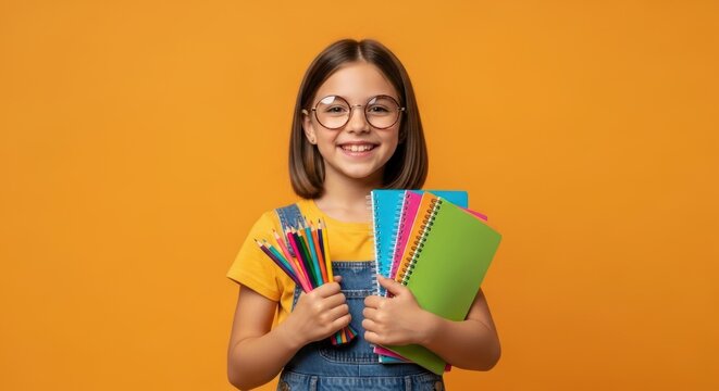 Happy young student with books and pencils ready for school