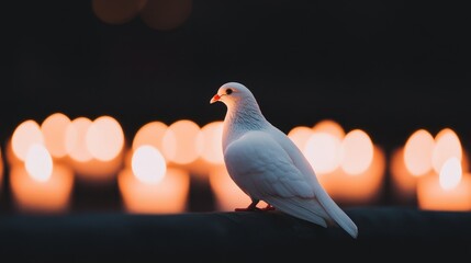 A white dove sits peacefully in front of blurred glowing candle lights at dusk.