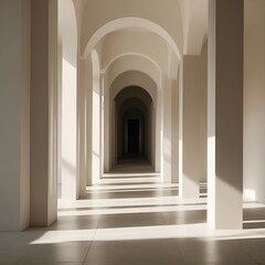 Fototapeta premium Long, light-filled hallway with arched ceilings and repeating columns, leading to darkness.