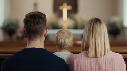 A family sits together in a church pew, facing an illuminated cross at the altar.