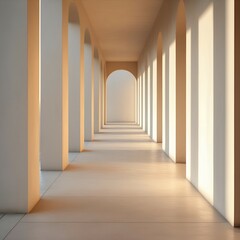 A long corridor with arches and sunlight streaming through, creating shadows and a sense of depth.