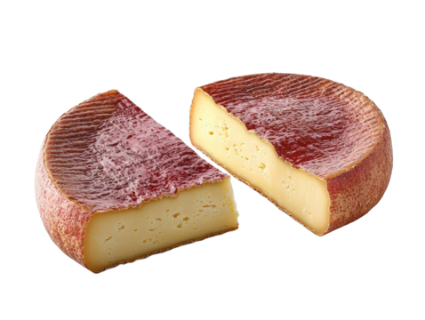 A delectable round cheese wheel with a glossy red rind and creamy yellow interior, expertly sliced to showcase its rich texture and flavor profile