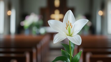 A single white lily in focus, with blurred church pews and a cross in the background, evoking peace and spirituality.