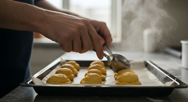 Close-up of hands scooping fresh dough onto a baking sheet with parchment paper, preparing homemade pastries in a warm kitchen with rising steam. - Powered by Adobe