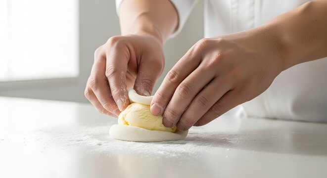 Professional Baker's Hands Shaping Dough with Creamy Butter Filling on a White Countertop, Creating Delicious Pastries or Buns in a Bright Kitchen