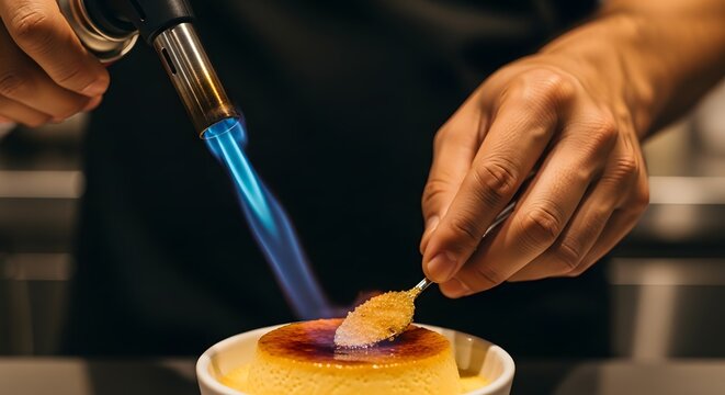 Professional Chef Using Blowtorch to Caramelize Sugar on Crème Brûlée Dessert in a Restaurant Kitchen Setting - Powered by Adobe