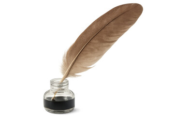 Quill pen dipping into inkwell on transparent background, representing historical writing, calligraphy, and literature