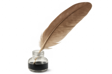 Quill pen dipping into inkwell on transparent background, representing historical writing, calligraphy, and literature