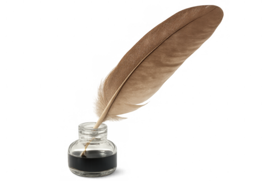 Quill pen dipping into inkwell on transparent background, representing historical writing, calligraphy, and literature