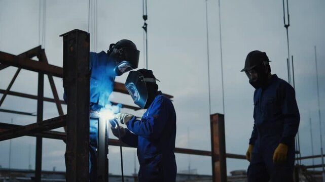 Welders on Steel Construction Site, Industrial Teamwork with Bright Sparks, two welders working on steel structure outdoors with bright sparks and safety gear, welders steel sparks, welders outdoor 