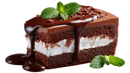 Chocolate Cake Slice: A delectable slice of chocolate cake, drizzled with rich, glossy chocolate sauce and garnished with fresh mint leaves, presenting a moment of pure dessert pleasure.