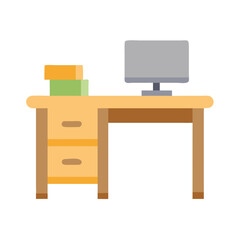 Stylized office desk with computer monitor and books graphic