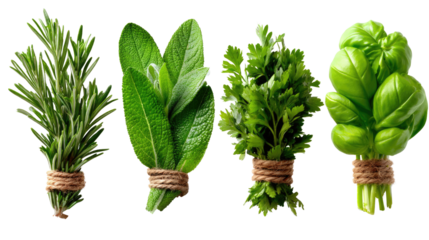 Fresh Herbs: An inviting visual of fresh herbs, each bundled with rustic twine, ready to elevate culinary experiences. The vibrant green hues offer a sense of freshness, and rustic touch.