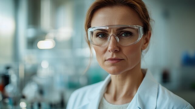 A middle aged Russian female scientist wearing glasses in a laboratory setting. She exudes professionalism and dedication to her research and experiments.