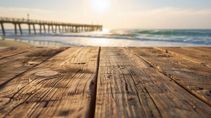 Rustic boardwalk facing the sea with pier in distance