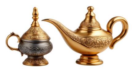 Golden Artifacts: Two beautifully crafted artifacts, a lamp and a container, exude an air of timeless elegance and opulence. The golden hues and intricate details suggest a rich history.
