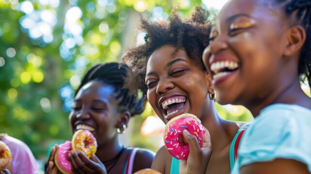 Black friends eating donuts together on a sunny day - Powered by Adobe