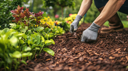 Fototapeta premium A gardener laying down mulch in a garden bed to help retain moisture and protect plants.