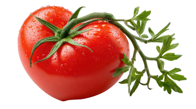 Tomato with Freshness: A vibrant, juicy tomato, still clinging to its verdant stem, glistening with dewdrops, showcasing the essence of freshness and organic goodness. 