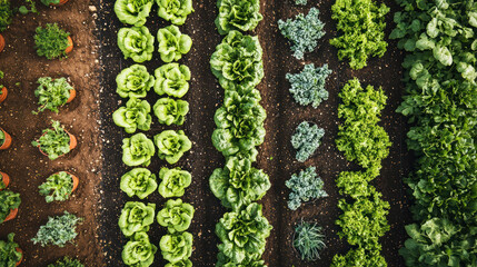 An overhead shot of a vegetable garden with neatly organized rows of plants like lettuce, carrots, and herbs.