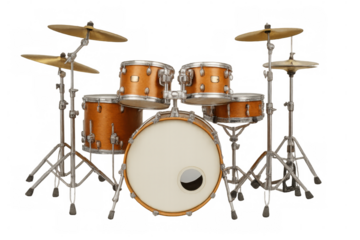 Transparent drum kit displaying musical instruments, including bass drum, snare, tom-toms, and cymbals for professional music design