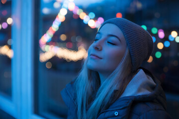 A moody nighttime portrait shot with a blue-tinted lighting effect. A young woman wears a dark knit beanie and a puffy winter jacket, with long blonde hair visible beneath the hat.