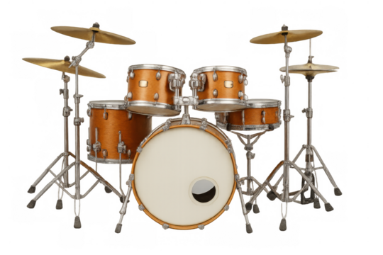 Transparent drum kit displaying musical instruments, including bass drum, snare, tom-toms, and cymbals for professional music design