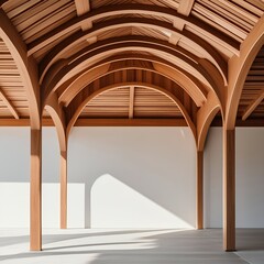 Elegant wooden vaulted ceiling with detailed beams in modern architectural space